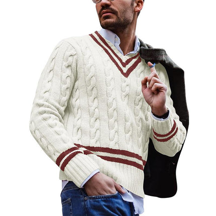 Men's V-Neck Sweater | Colorblock Striped Loose Knit | Soft Cotton Acrylic Blend | Relaxed Fit | Trendy Design | Versatile Layering | Machine Washable | Available in Various Sizes | Stylish Outerwear for Casual Occasions