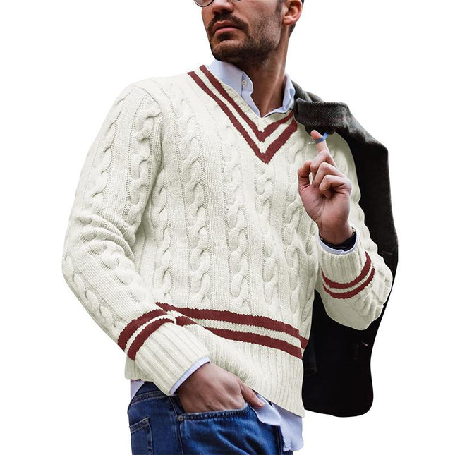 Men's V-Neck Sweater | Colorblock Striped Loose Knit | Soft Cotton Acrylic Blend | Relaxed Fit | Trendy Design | Versatile Layering | Machine Washable | Available in Various Sizes | Stylish Outerwear for Casual Occasions