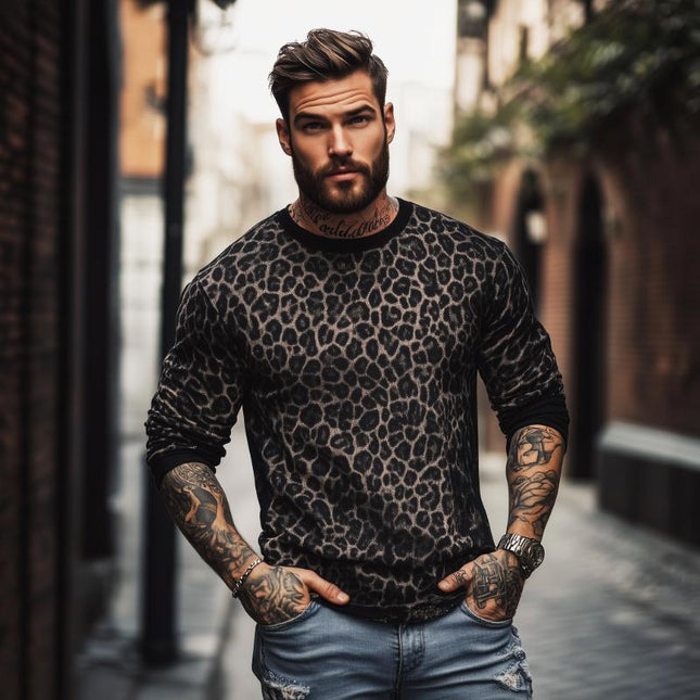 Men's Leopard Print T-Shirt | Round Neck | Colorblock Long Sleeve | Casual Retro Style | Blended Fabric | Four Seasons Wear | Choice of Sizes