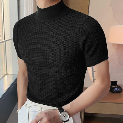Men's Slim Fit Half Turtleneck Knitted Short Sleeve Tee | Solid Color | Lightweight Layering Top | Comfortable and Stylish | Semi-Formal and Casual Wear | Fall and Winter Fashion