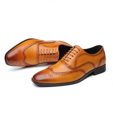 Men's Brown Leather Brogue Oxford Shoes | Cap Toe Dress Shoes | Flexible Rubber Sole | Formal Business Footwear | Glossy Polished Finish | Wedding & Party Ready