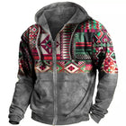 Men's Hooded Zipper Hoodie | Retro Ethnic Geometric Print | Casual Sweatshirt | Blended Fabric | Long Sleeve | Regular Fit | All Season Wear | Multiple Sizes