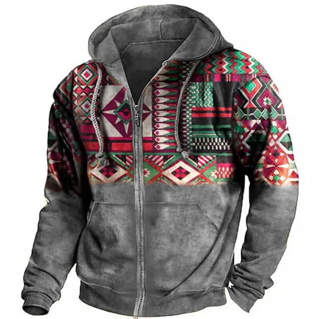 Men's Hooded Zipper Hoodie | Retro Ethnic Geometric Print | Casual Sweatshirt | Blended Fabric | Long Sleeve | Regular Fit | All Season Wear | Multiple Sizes