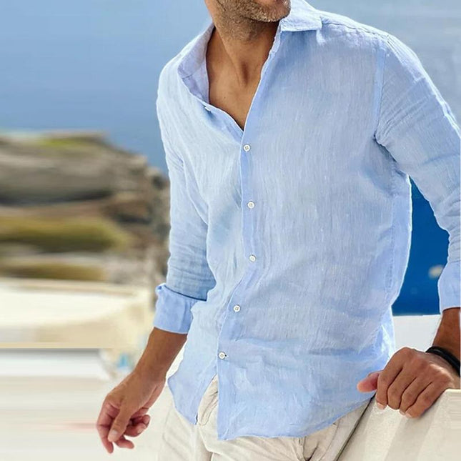 Men's Long Sleeve Shirt | Solid Color | Cotton Linen Blend | Breathable | Lapel Collar | Relaxed Fit | Casual & Semi-Formal | Versatile Style | Ideal for Spring, Summer, Autumn | Moisture-Wicking | Comfortable Wear