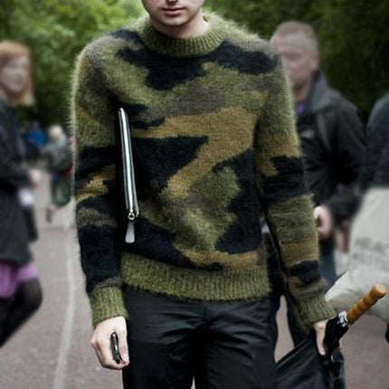 Men's Faux Mohair Sweater | Vintage Camouflage Jacquard | Crew Neck | Long Sleeve | Ribbed Cuffs and Hem | Warm and Stylish | Casual Fall Winter | High-Quality Soft Knit | Classic Timeless Design