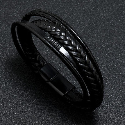 Men's Vintage Leather Bracelet | Handwoven Alloy Buckle | Magnetic Closure | 22.5cm Circumference | Stylish Accessory | 19g