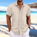 Men's Cotton Linen Blend Shirt | Stripe Print | Loose Short Sleeve | Lapel Collar | Breathable Fabric | Casual Dress Shirt