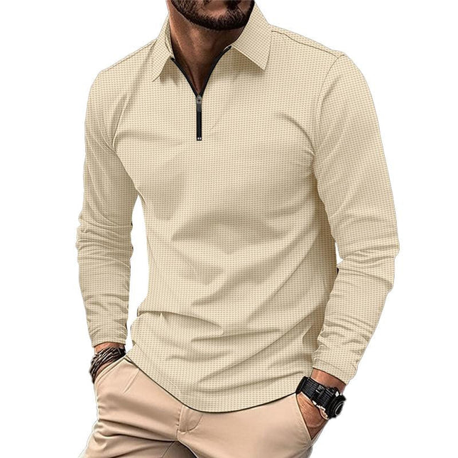 Men's Long Sleeve Waffle Knit Polo Shirt | Zipper Closure | Casual Wear | Stylish Textured Fabric | Transitional Weather Essential | Versatile Men's Top