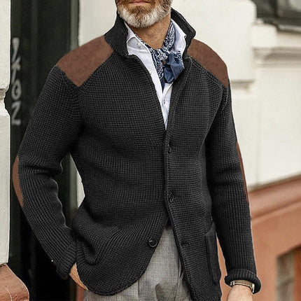 Men's Vintage Knitted Blazer | Stand Collar | Patchwork Detail | Slim Fit | Long Sleeve | Elegant Outerwear | Classic Style
