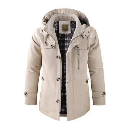 Men's Washed Cotton Hooded Coat | Warm Stand Collar | Mid-Length | Insulated Lining | Weather-Resistant | Rugged Casual Design | Multiple Pockets | Relaxed Fit | Adjustable Hood and Cuffs | Outdoor Ready | Machine Washable