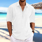 Men's Solid Color Pullover Shirt | Cotton & Linen Blend | Lapel Collar | Roll-Up Sleeves | Casual Long Sleeve Top | Breathable Fabric | Versatile Style
