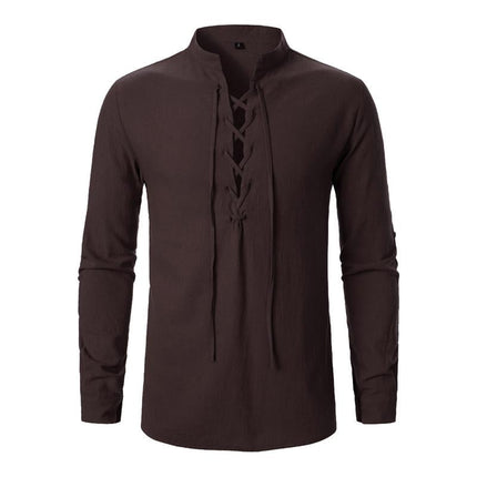 Men's Casual Long Sleeve Shirt | Cotton Linen Blend | Lace-up V-Neck | Breathable Lightweight | Relaxed Fit | Perfect for Beachwear or Travel | Comfortable and Stylish Wardrobe Essential