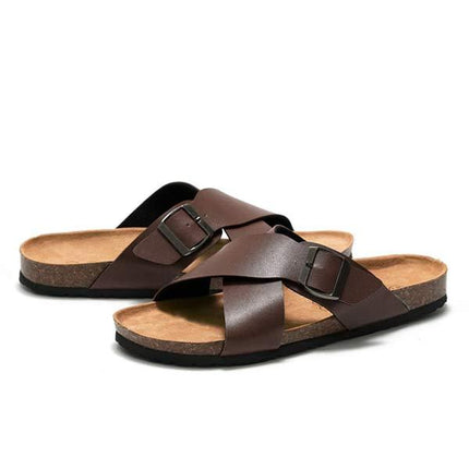 Men's Cross Strap Sandals | Soft Leather Upper | Cork Midsole | Slip-On Style | Durable EVA Outsole | Ideal for Summer Activities