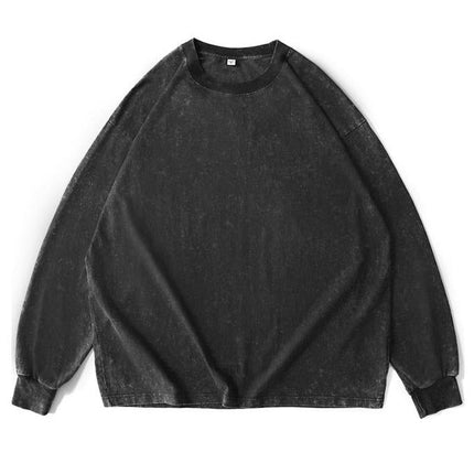 Men's Cotton Long Sleeve T-Shirt | Washed Distressed Vintage Look | Crewneck Casual Style | Soft & Breathable Premium Fabric | Perfect for Layering | Relaxed Fit | Ribbed Cuffs