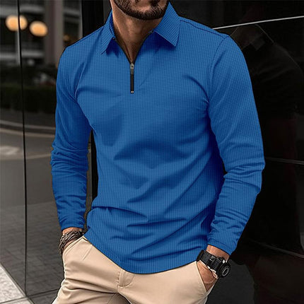 Men's Long Sleeve Waffle Knit Polo Shirt | Zipper Closure | Casual Wear | Stylish Textured Fabric | Transitional Weather Essential | Versatile Men's Top