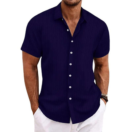 Men's Cotton Linen Blend Shirt | Stripe Print | Loose Short Sleeve | Lapel Collar | Breathable Fabric | Casual Dress Shirt