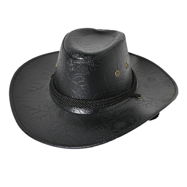 Men's Cowboy Hat | PU Leather Western Style | Wide Brim Sun Protection | Classic Vintage Design | Adjustable Fit | Durable & Water-Resistant | Dress Up for Events or Everyday | Black Brown Red Colors