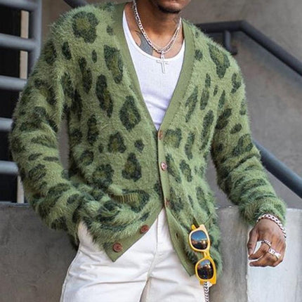 Men's Mohair Cardigan | Vintage Leopard Pattern | V-Neck | Single-Breasted Button Closure | Long Sleeve | Modern Fit | Side Pockets | Luxurious Mohair Fabric | Stylish Outerwear | S-XL Sizes
