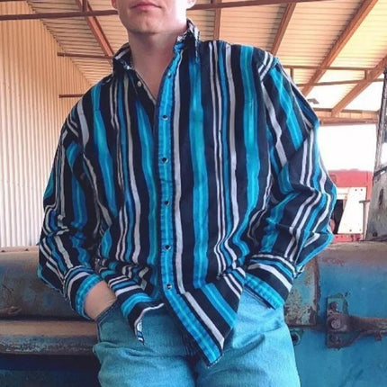 Men's Western Denim Shirt | Stripe Printed | Long Sleeve | Button Down | Snap Closures | Casual Vacation Style | Classic Blue | Breathable Cotton Blend | Ideal for Casual Outings & Vacations
