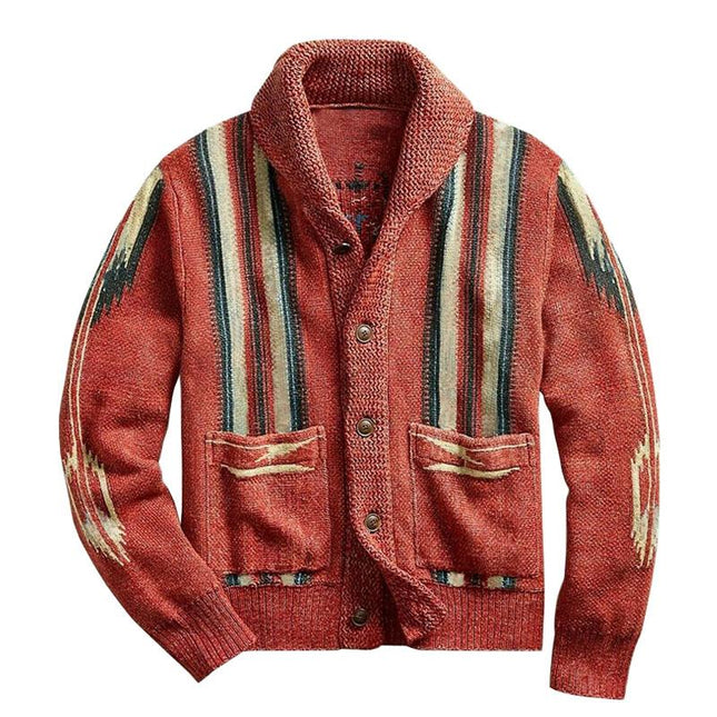Men's Vintage Knit Cardigan | Classic Jacquard Patterns | Lapel Collar | Single Breasted | Long Sleeves | Soft Cotton Acrylic Blend | Functional Pockets | Versatile Style for Semi-Formal & Casual Wear
