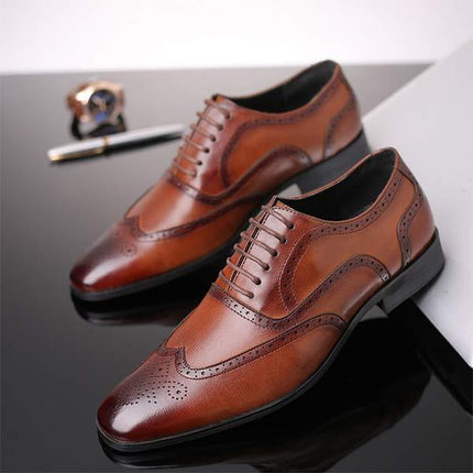Men's Brown Leather Brogue Oxford Shoes | Cap Toe Dress Shoes | Flexible Rubber Sole | Formal Business Footwear | Glossy Polished Finish | Wedding & Party Ready