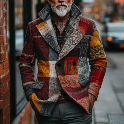 Men's Tweed Jacket | Retro Casual Style | Ethnic Inspired Prints | Long Sleeve | Mandarin Collar | Check Pattern | Versatile Outerwear | Sizes S-3XL | Durable Polyester Fabric | Comfortable Fit