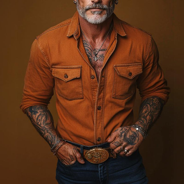 Men's Long Sleeve Retro Blended Shirt | Lapel Collar | Classic Pocket Design | Casual Regular Fit | All Season Versatile Style | Breathable & Comfortable Fabric | Available in Multiple Sizes