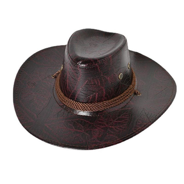 Men's Cowboy Hat | PU Leather Western Style | Wide Brim Sun Protection | Classic Vintage Design | Adjustable Fit | Durable & Water-Resistant | Dress Up for Events or Everyday | Black Brown Red Colors