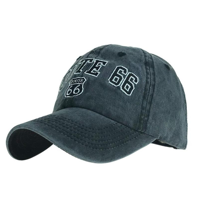 Distressed Cotton Route 66 Embroidered Cap | Unisex | Adjustable Strap | Breathable | Sun Protection | Casual Wear | Vintage Style | Weathered Look | Iconic Route 66 Design