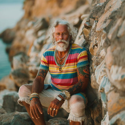 Men's T-Shirt | Vintage Rainbow Stripe Print | Crew Neck | Short Sleeve | 100% Cotton | Soft & Breathable | Casual Fit | Everyday Essential | Machine Washable