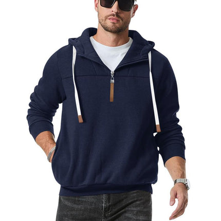Men's Zipper Collar Patchwork Hoodie | Casual Loose Fit Pullover | Breathable Comfort | Modern Stylish Design | Kangaroo Pocket | Adjustable Hood | Ideal for Layering | Versatile Outdoor & Indoor Wear
