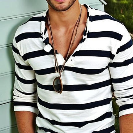 Men's Henley Shirt | Striped Long Sleeve | Cotton Blend | Casual Comfortable Fit | Fashionable Buttoned Placket Top | Versatile Wardrobe Essential