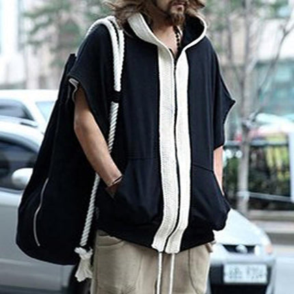 Men's Hooded Sweatshirt Jacket | Loose Fit | Short Sleeve | Color Block Design | Cotton Blend | Casual Outdoor Wear | Spring Summer Fall