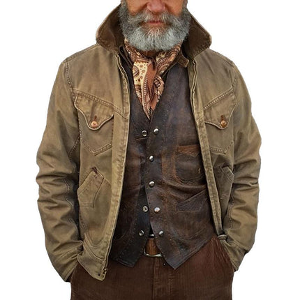 Men's Vintage Distressed Jacket | Multi-Pocket | Lapel Collar | Zipper Closure | Long Sleeve | Polyester Fabric | Straight Hem | Machine Washable | Casual Outerwear