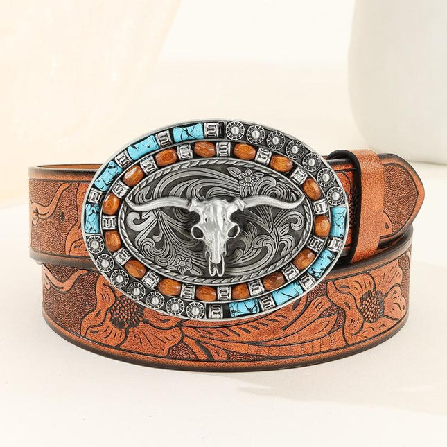 Men's Vintage Western Leather Belt | Embossed Cowhide | Classic Adjustable Buckle | Durable Construction | Rugged Charm | Casual & Formal Style | Timeless Design