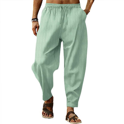 Men's Loose Fit Striped Trousers | Breathable Cotton Linen Blend | Casual Sports Pants | Elastic Drawstring Waistband | Stylish Comfortable Design | Ideal for Everyday Wear