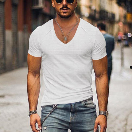 Men's Waffle Knit T-Shirt | V-Neck Pullover | Slim Fit | Breathable & Soft Fabric | Casual & Dressy | Easy Match with Jeans or Pants | Versatile Summer Wardrobe Essential | Machine Washable