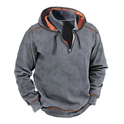 Men's Vintage Patchwork Hooded Sweatshirt | Stand Collar | Contrast Zipper | Retro 80s Style | Soft Cotton Blend | Adjustable Hood | Casual Streetwear | Warm Autumn Winter Top