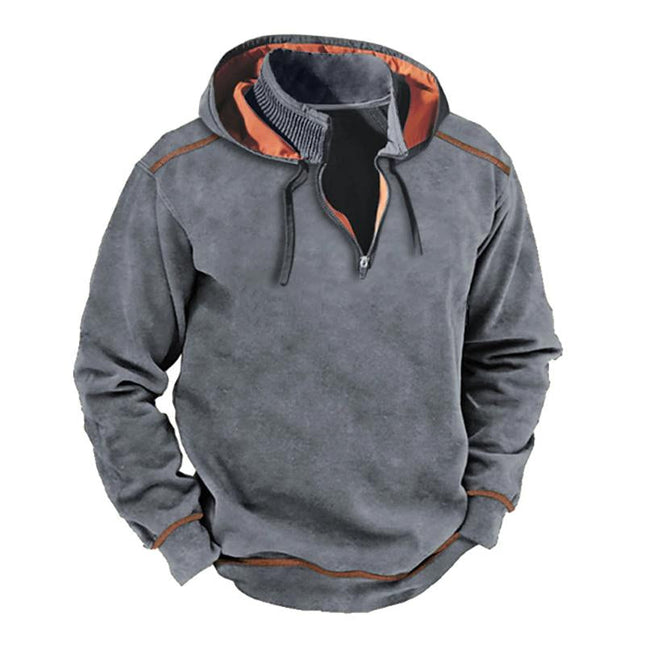 Men's Vintage Patchwork Hooded Sweatshirt | Stand Collar | Contrast Zipper | Retro 80s Style | Soft Cotton Blend | Adjustable Hood | Casual Streetwear | Warm Autumn Winter Top