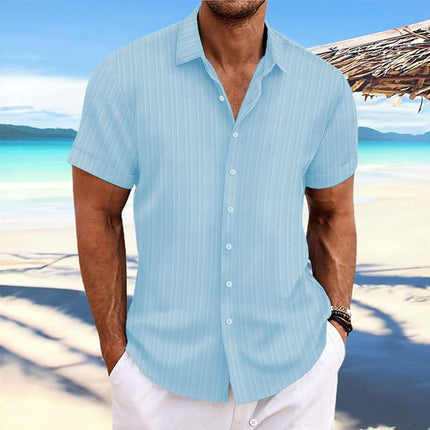 Men's Cotton Linen Blend Shirt | Stripe Print | Loose Short Sleeve | Lapel Collar | Breathable Fabric | Casual Dress Shirt