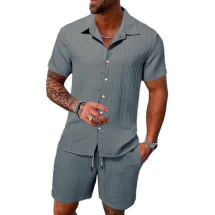 Men's Casual Set | Solid Color Striped Lapel Shirt | Short Sleeve | Tailored Shorts | Premium Fabric | Versatile Outfit | Stylish Designs | Comfortable Fit