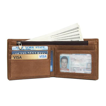 Premium Leather Wallet | Vintage Style | Compact & Lightweight | 3 Card Slots | 1 Zipper Pocket | Transparant ID Window | 2 Bill Pockets | Sleek Retro Design | Durable | Handmade Craftsmanship
