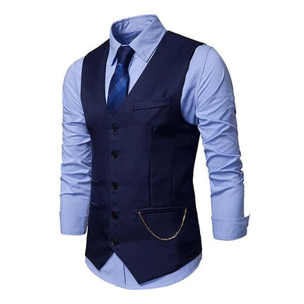 Men's V-Neck Dress Vest | Soft Woven Fabric | Sleeveless | Five-Button Closure | Chest & Waist Welt Pockets | Adjustable Buckle Back | Fully Lined | Machine Washable