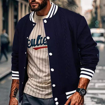 Men's Baseball Jacket | Casual Single Breasted Cardigan Style | Ribbed Stand-Up Collar | Long Sleeves with Ribbed Cuffs | Cotton-Polyester Blend | Lightweight & Warm | Side Pockets | Ideal for Autumn & Spring