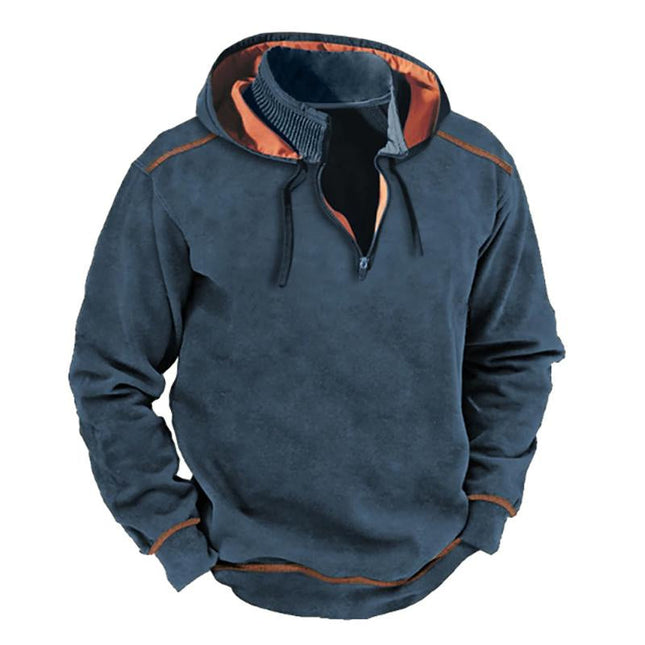 Men's Vintage Patchwork Hooded Sweatshirt | Stand Collar | Contrast Zipper | Retro 80s Style | Soft Cotton Blend | Adjustable Hood | Casual Streetwear | Warm Autumn Winter Top