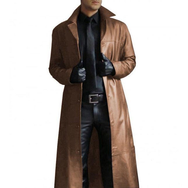 Men's Leather Trench Coat | Vintage Solid Color | Tailored Long Lapel | Classic Elegant Outerwear | Durable Timeless Design for Fall & Winter | Versatile Formal & Casual Wear | Warm Stylish Jacket