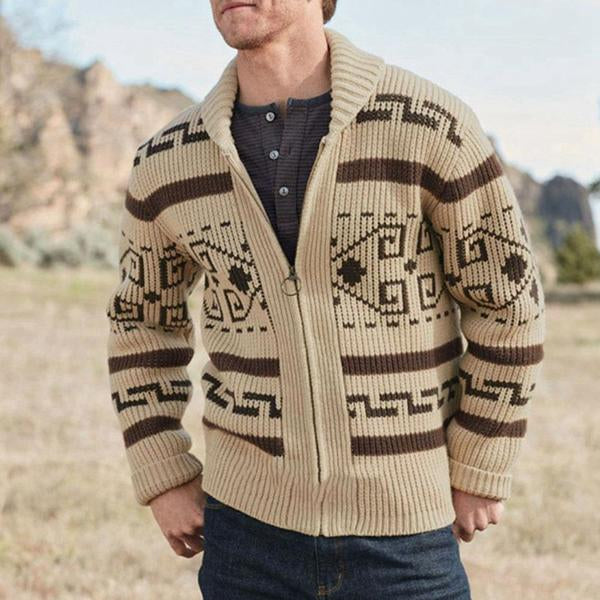 Men's Knitted Cardigan Jacket | Geometric Print Lapel | Zipper Closure | Loose Fit | Long Sleeve | Cozy Sweater for Spring Autumn Winter