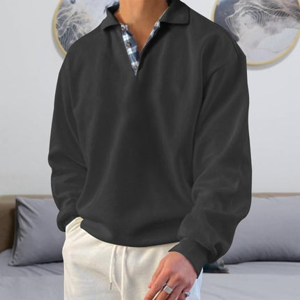 Men's Casual Loose Fit Sweatshirt | Long Sleeve V-Neck Plaid Stitching | Polyester Blend | Micro Elastic | Perfect for Spring and Autumn | Daily Wear Sports Outings | Street Urban Style