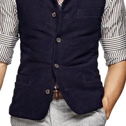 Men's Vintage Suede Vest | Stand Collar | Single Breasted | Tailored Fit | High-Quality Fabric | Solid Color | Sleeveless | Button Closure | Antique Brass Accents | Versatile Styling