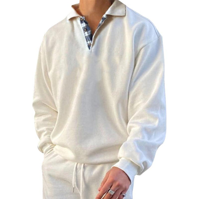 Men's Casual Loose Fit Sweatshirt | Long Sleeve V-Neck Plaid Stitching | Polyester Blend | Micro Elastic | Perfect for Spring and Autumn | Daily Wear Sports Outings | Street Urban Style